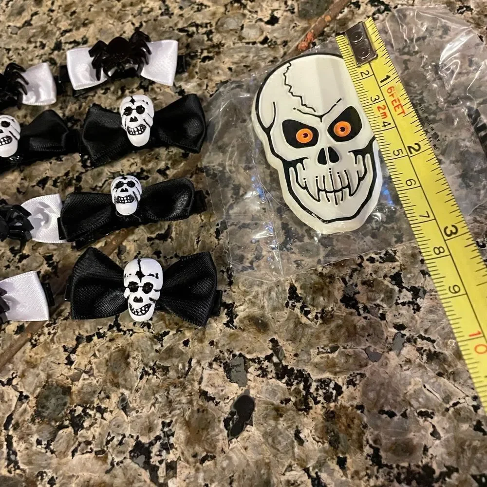 Skeleton and Spider Metal Hair Bows and Hallmark Skeleton Pin